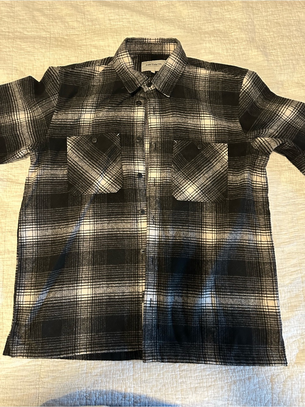 Carhartt WIP Black and White Plaid Wool Blend Flannel Flat Hem Shirt